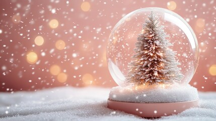 Christmas tree in Glass snow globe on red background, Christmas decorative design with white snowdrift,snowflakes,glow garland,3d decorative garland glow.Xmas Decorations,Vector illustration.