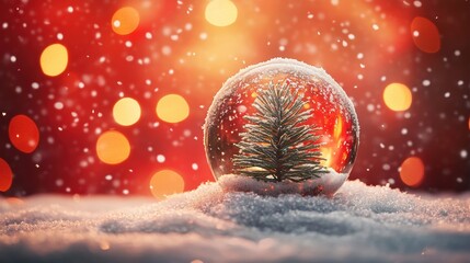 Christmas tree in Glass snow globe on red background, Christmas decorative design with white snowdrift,snowflakes,glow garland,3d decorative garland glow.Xmas Decorations,Vector illustration.
