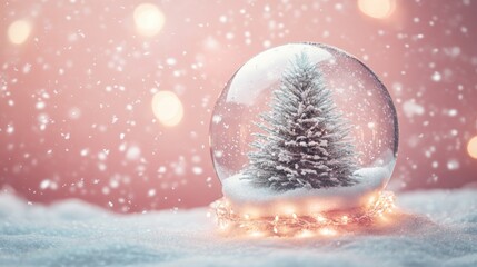 Christmas tree in Glass snow globe on red background, Christmas decorative design with white snowdrift,snowflakes,glow garland,3d decorative garland glow.Xmas Decorations,Vector illustration.