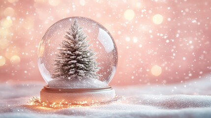 Christmas tree in Glass snow globe on red background, Christmas decorative design with white snowdrift,snowflakes,glow garland,3d decorative garland glow.Xmas Decorations,Vector illustration.