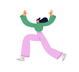 Happy excited woman running, jumping with joyful positive expression, arms up. Young emotional funny girl celebrating, smiling, energetic gesture. Flat vector illustration isolated on white background