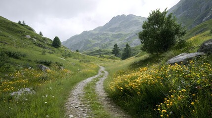 Winding mountain path through lush green grass and bright yellow wildflowers in sunny alpine meadow landscape scenic hiking trail and peaceful nature travel background