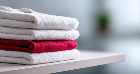 Stack of neatly folded white and red towels placed on a clean white surface with a blurred background