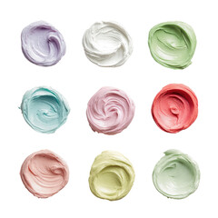 Nine colorful, swirled blobs of creamy substance on black