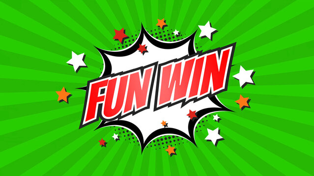 Fototapeta FUN WIN – Comic Pop Art text video. Vintage colorful cartoon image with explosion of speech bubble message