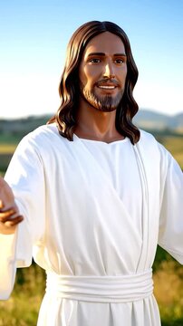 Smiling person with long brown hair in white robe against sunny landscape