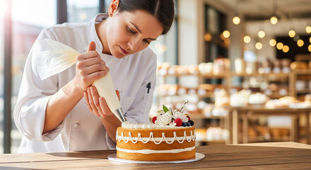 Pastry chef decorating a cake