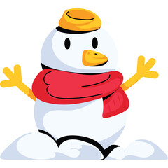Friendly Snowman Wearing A Red Scarf and Yellow Hat Smiling With Arms Outstretched Against A Transparent Background