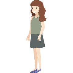 Fototapeta premium Full Body View of a Smiling Young Woman with Brown Wavy Hair Wearing a Sleeveless Olive Green Top and a Dark Grey Skirt with Blue Shoes Isolated on White Background