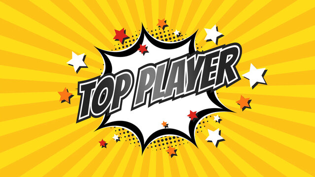 Fototapeta TOP PLAYER – Comic Pop Art text video. Vintage colorful cartoon image with explosion of speech bubble message