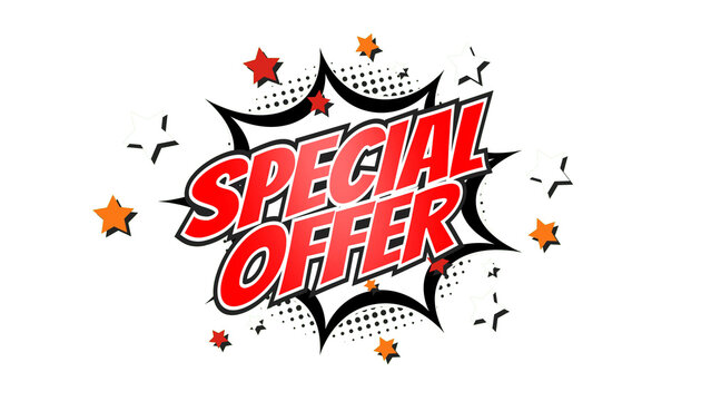 SPECIAL OFFER – Comic Pop Art text png with transparency. PNG transparent image. Vintage colorful cartoon animation with explosion of speech bubble message