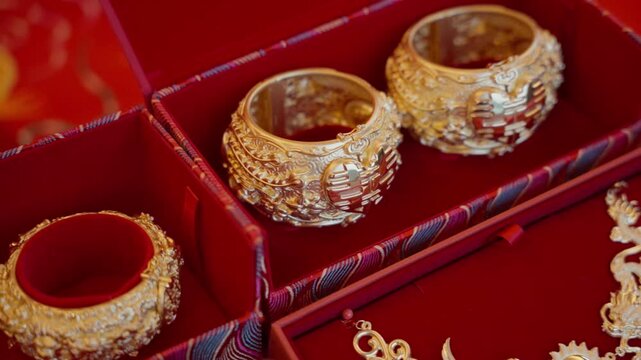 Ornate gold Chinese wedding bangles in red presentation boxes.