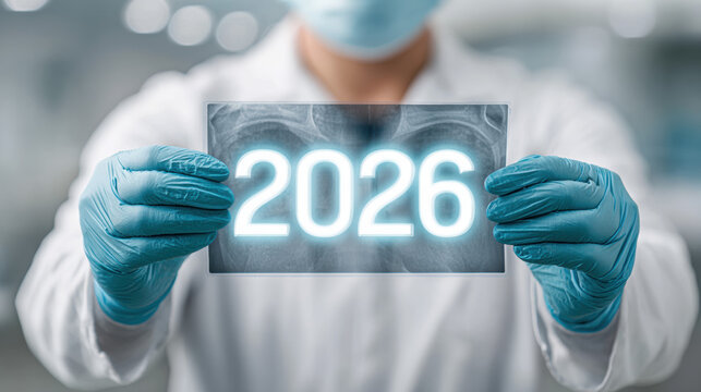 Bright glowing futuristic medical concept with 2026 appearing on an X-ray film held by a doctor’s gloved hands in a clean clinical environment - Powered by Adobe