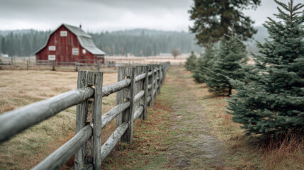Rustic Christmas tree farm landscape with wooden rail fence and red barn in distance, overcast sky creating soft glow, muted earthy tones with peaceful countryside aesthetic
