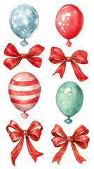 Watercolor collection of cute Christmas balloons in red and mint colors with decorative red bows, isolated hand-drawn holiday clipart set for design and invitations
