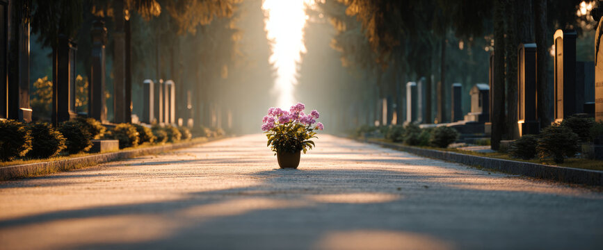 Potted pink flowers placed on a sunlit pathway in a peaceful cemetery lined with trees and gravestones during golden hour - Powered by Adobe