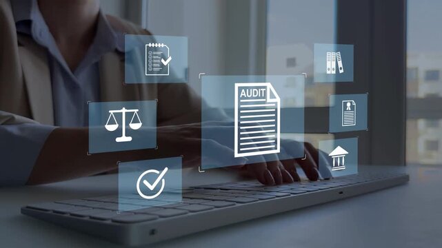 Audit concept showing careful checking of financial documents, verifying data, reviewing rules compliance,  ensuring everything  accurate and transparent for safe and reliable business operations.