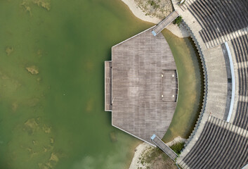 Aerial view of a stage in the water with an amphitheater, Zagreb, Croatia.