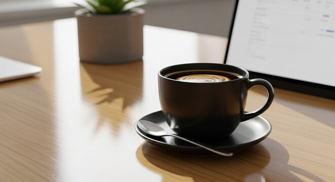 Warm morning coffee fuels productivity on a sunlit wooden desk next to a modern laptop and green plant, creating an inviting workspace. - Powered by Adobe