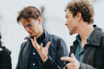 Two young professionals engage in a lively outdoor conversation, using expressive hand gestures.