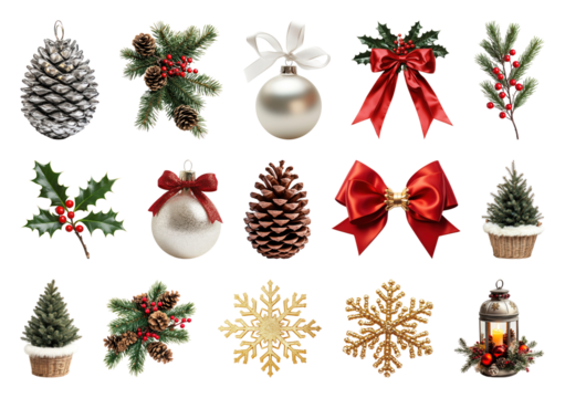 PNG Festive holiday decorations collection, element set on transparent background