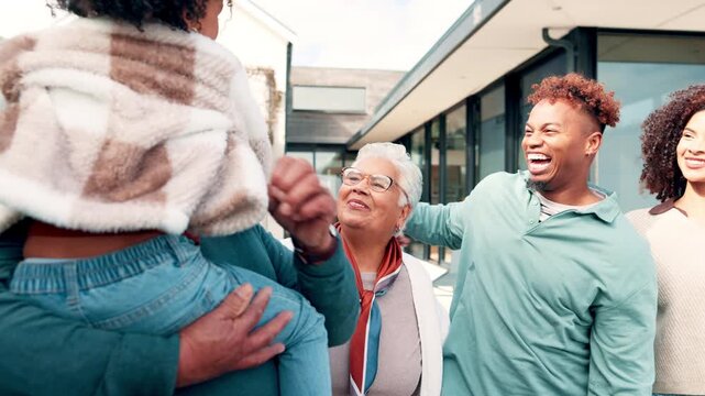 Happy, hug and big family outdoor for bonding, love and connection together at new home. Smile, laughing and girl child with parents and senior grandparents for embrace with real estate investment.
