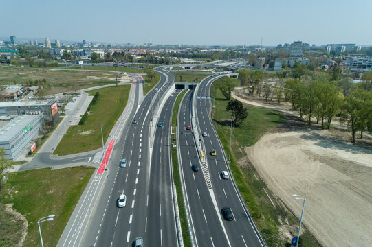 Aerial view of the highway slicing through the urban landscape, Zagreb, Croatia.