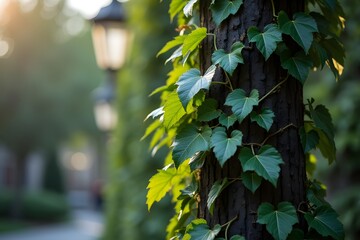 A metallic vine wrapping tightly around a lamppost.