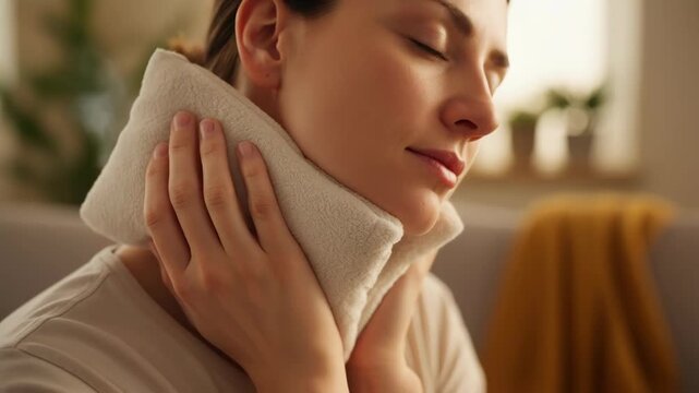 A woman finds solace in a gentle moment of self-care. She delicately holds a warm compress against her neck, her eyes softly closed. This scene evokes a sense of tranquility.