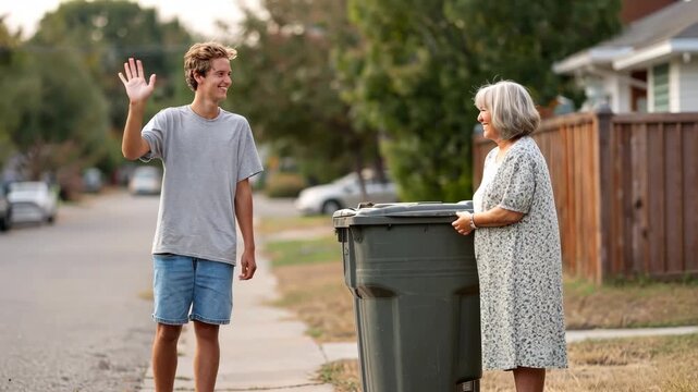 Friendly interaction between teen and elderly woman by recycling bin on suburban street