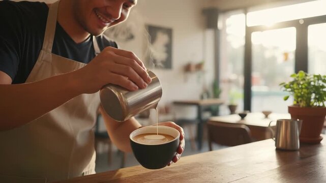 A smiling barista expertly pours steamed milk into a freshly brewed coffee, crafting a delightful latte art in a cozy cafe, the scene radiates warmth and inviting ambiance.