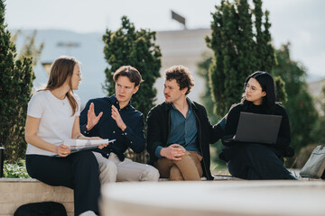 A diverse group of young professionals sit outdoors, discussing ideas while sharing a laptop and papers in a sunny, relaxed work session.