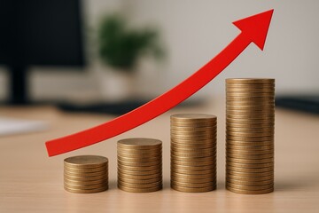 Financial growth concept. Prosperity and success. Wealth accumulation visualized. Stack of coins growing taller, accompanied by red arrow pointing upwards, investment progress. Economic optimism