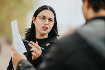 A woman with glasses speaks to a man outdoors, presenting papers during a daytime exchange. The scene conveys collaboration, communication, and professional interaction in an outdoor environment.