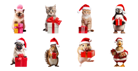 PNG Festive animals with holiday gifts, element set on transparent background