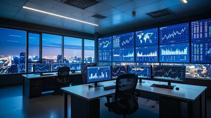 Modern monitoring center displaying business charts and graphs, with a nighttime city view visible from large office windows, computers and office chairs - Powered by Adobe