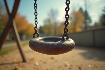 A playground swing moving steadily though the air is still.