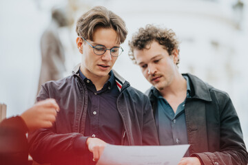 Two young professionals collaborate over a document outdoors, sharing ideas. They wear casual jackets and glasses, focused on the content, conveying teamwork and a modern, informal business setting.