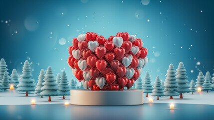 Heart-Shaped Balloon Sculpture in Winter Wonderland with Snowy T