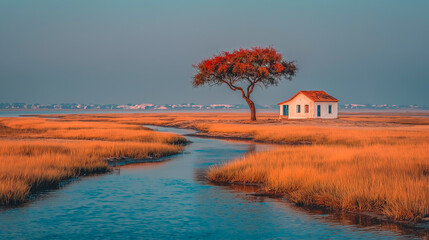 Serene Autumn Landscape with Rustic Cabin and Vibrant Tree by Tr
