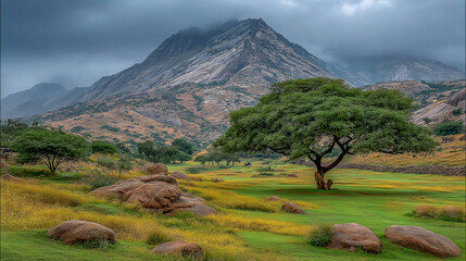 Majestic Mountain Landscape with Lush Greenery and Dramatic Skie