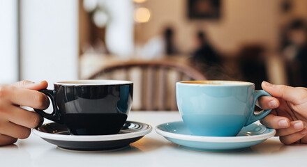 Two hands holding cups of coffee on saucers in a cafe