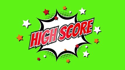 HIGH SCORE – Comic Pop Art text video 4K, chroma key green background for transparency green screen. Vintage colorful cartoon animation with explosion of speech bubble message - Powered by Adobe