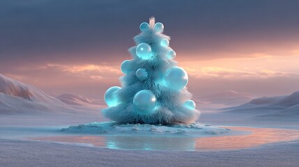 A fanciful snowy Christmas tree, adorned with glowing blue baubles, stands peacefully on a frozen landscape. Soft pastel sky colors complete the view.