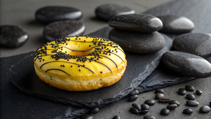Delicious donut with vibrant yellow glaze and dark sprinkles on a stone slate, perfect for tempting food cravings or healthy indulgence