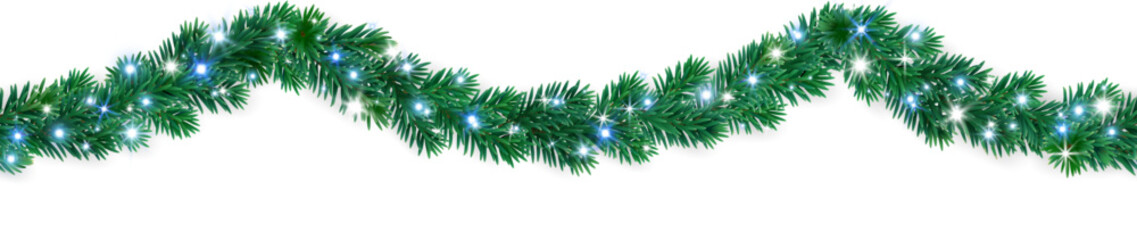 Seamless Christmas tree garland with blue, white, and silver baubles and glowing lights. Realistic festive border for Christmas design, greeting cards, and banners. © Olga Prozorova