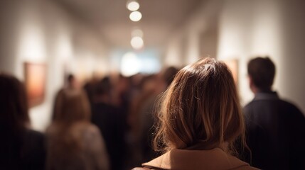 An art enthusiast visits a gallery, immersed in culture & creativity. Surrounded by people, she is excited to engage with art.