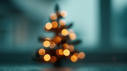 A softly blurred and glowing evergreen tree, lit with warm lights, conveys a sense of holiday peace and anticipation of festive cheer.