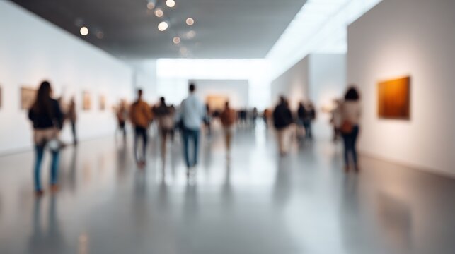 Blurred image captures people wandering through a modern art gallery, appreciating the artwork with a contemporary aesthetic and ambiance.