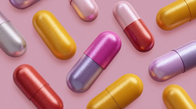 An assortment of vibrant capsules on a light pink backdrop, showcasing different colors and finishes, ideal for health or medication concepts. - Powered by Adobe